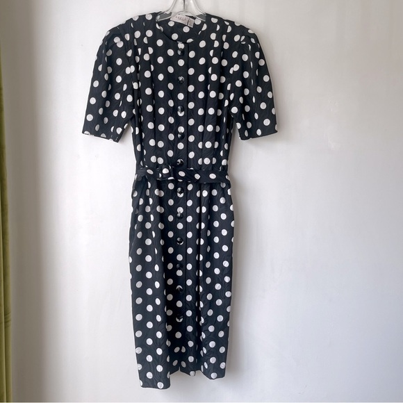 Vintage 80s Papell Boutique Black White Belted Polka Dot Dress 6 - Picture 1 of 3